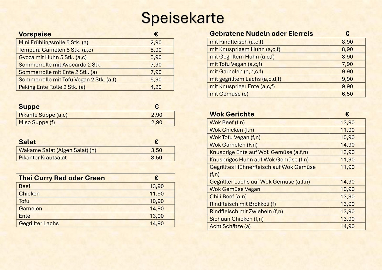 Speisekarte – Seite 1